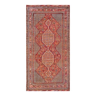 1900s Ivory Red Geometric Tribal Antique Persian Ghashgaie Gallery Rug 6'3" X 11'8" Handknotted Wool Carpet For Sale