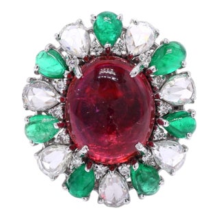 Natural Ruby, Emerald & Diamond Ring in 18k Gold, India, 6.06ct Ruby For Sale