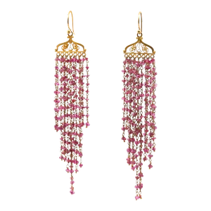 Vintage 22k Gold Pink Tourmaline Bead Indian Chandelier Drop Earrings - 2 Pieces