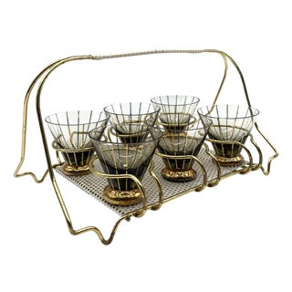 Art Deco Smoked Glass Liqueur Glass Set with Carrying Stand, 1920s, Set of 7 For Sale