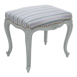 French Louis XV Manner Carved Wood Footstool with Milton Textiles For Sale