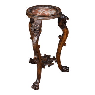 Vintage Jardiniere Stand, Oriental, Beech, Marble, Wine, Lamp Table, Art Deco For Sale