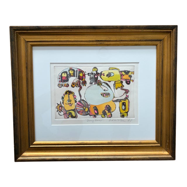 1970s Whimsical Modern Artwork “Funny Days” by Edelstein Signed 1978 – Framed Figurative Illustration For Sale
