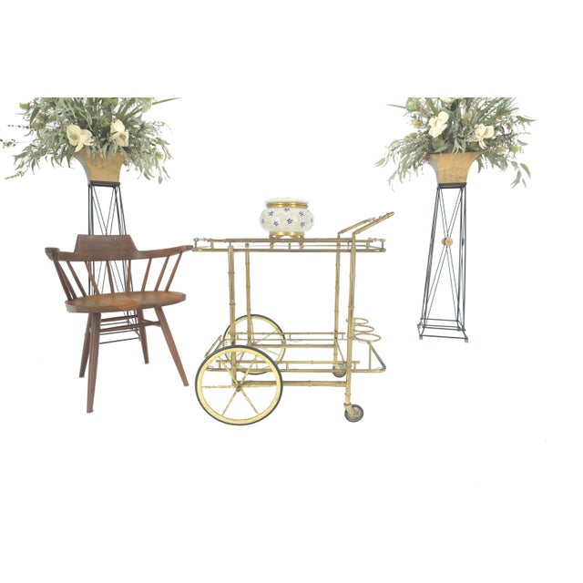 Maison Baguès Italian Mid Century Modern Faux Bamboo Brass Two Tier Serving Cart on Wheels For Sale - Image 4 of 12