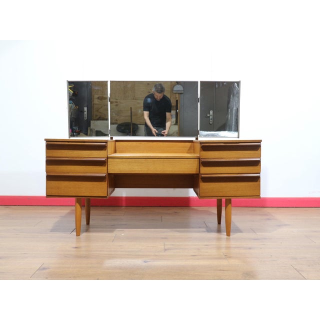 Brown Mid Century Modern Vintage Teak British Vanity Dresser Desk For Sale - Image 8 of 15