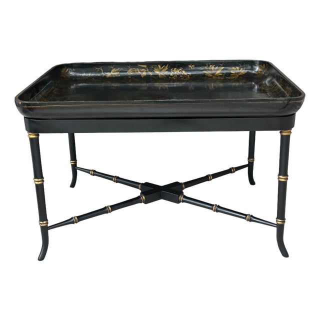 19th Century English Paper Mache Tray Table on Faux Bamboo Stand / Chinoiserie Style Coffee Table in Black and Gold For Sale