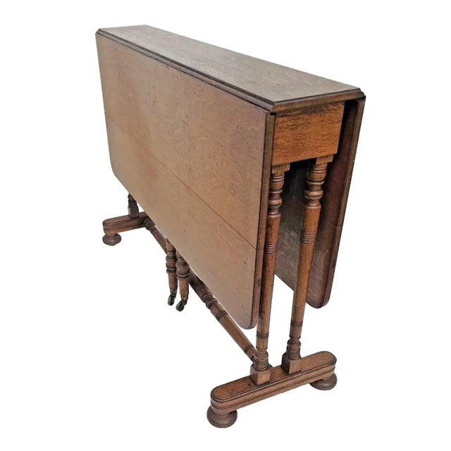 Victorian Antique 1880s Sutherland Narrow Gate Leg / Drop Leaf Table in Tiger Oak For Sale - Image 3 of 12