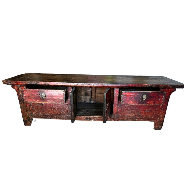 Chinese Antique Low Kang Cabinet in Traces of Original Patina of Red Lacquer For Sale - Image 4 of 10