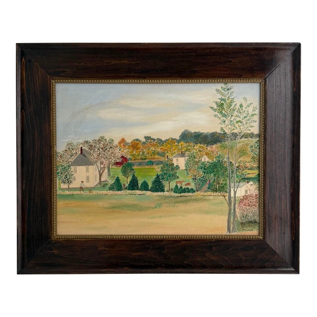 Folk Art Farm Signed Oil Painting, Circa 1968 For Sale