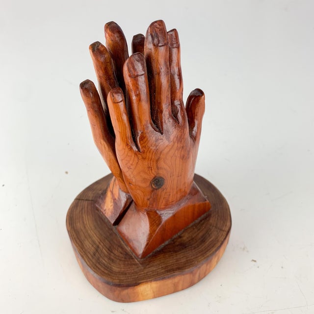 Religious Vintage Hand Carved Wooden Wood Praying Hands Religious Iconography For Sale - Image 3 of 7