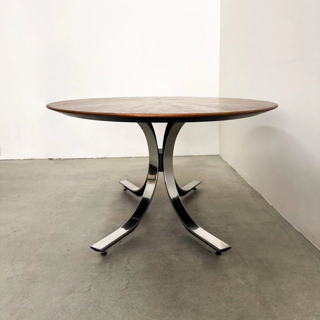 1970s Vintage 70s Osvaldo Borsani Oval Dining Table Walnut Starburst Top & Chrome Base For Sale - Image 5 of 10