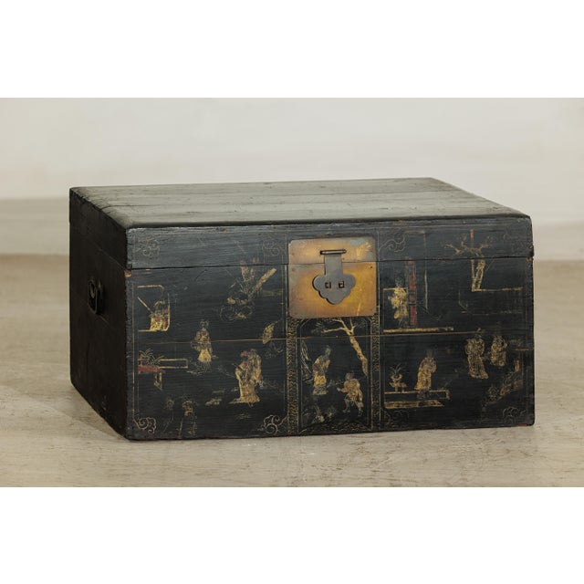 Wood Mid 20th Century Black Chinese Lacquered Blanket Chest with Hand-Painted Figural Scenes For Sale - Image 7 of 18
