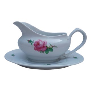 Vintage Porcelain Gravy Sauce Boat in Pink Rose Pattern from Meissen, 1970 For Sale