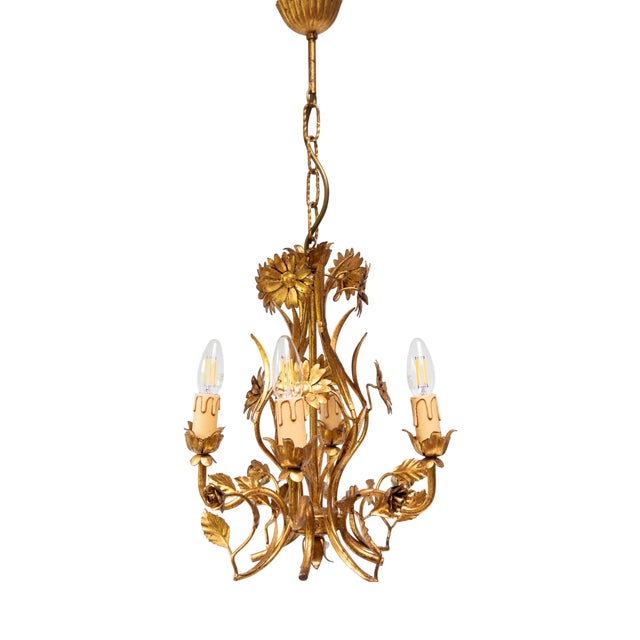 Italian Chandelier in Gilded Metal with Leaves and Flowers, 1970s For Sale