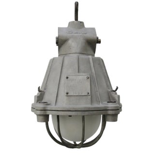 Vintage Industrial Pendant Lamp in Gray Metal and Frosted Glass from GAL, France For Sale