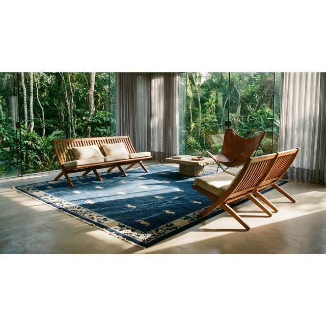 Textile 1880s Navy Blue Classic Antique Chinese Peking Rug 8'2" X 9'6" Hand Knotted Wool Carpet For Sale - Image 7 of 9
