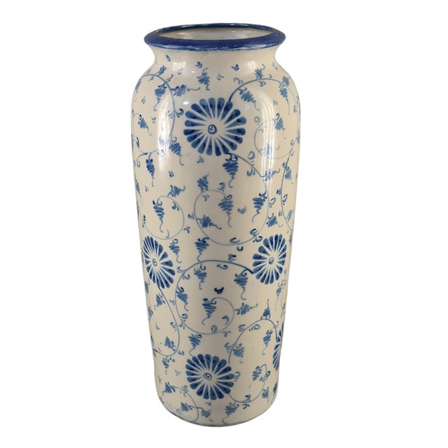 Vintage Pottery Blue & White Hand Painted Floral 17.5'' Tall Floor Table Vase For Sale - Image 13 of 13