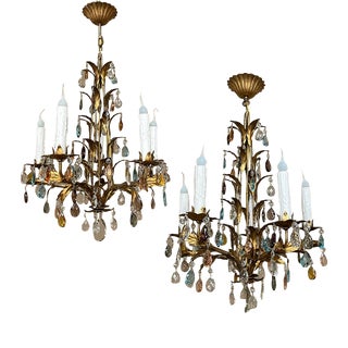 Pair Italian Mid-Century Painted Wrought Iron & Crystal Chandeliers For Sale