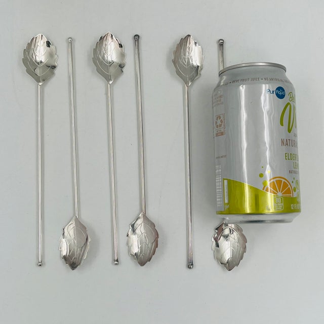Mid-Century Modern Mid-Century Modern Silverplate Leaf Design Cocktail Stirrer Straws Sipper Spoons Denmark - Set of 6 For Sale - Image 3 of 16