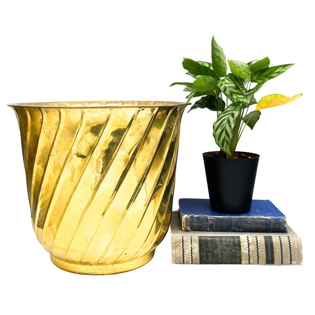 Stunning, solid brass jardinière by Hosley International, handcrafted in India, featuring an elegant spiral-fluted design...