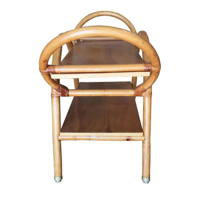 Restored Free-Form "Arches" Rattan Bar Cart W/ Mahogany Top For Sale In Los Angeles - Image 6 of 11