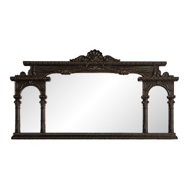 Large Ornate Triptych Mirror | 53 Wide Vintage Gilt Mantel Mirror With Architectural 3 Arched Panel For Sale