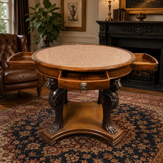 Theodore Alexander Neoclassical Lion Monopodia Game Table With Granite Top & Pull-Out Trays For Sale - Image 14 of 14