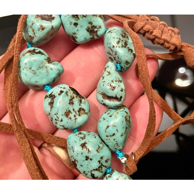 Native American Art Gemstone Necklace Natural Turquoise, Double Knotted on Green Silk, Leather Extension Clasp. For Sale - Image 4 of 6