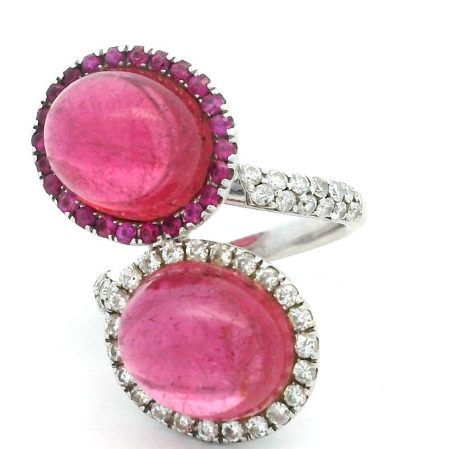 Pink Italian 1980s Pink Tourmaline & Diamond 18k White Gold Bypass Ring, Size 6 For Sale - Image 8 of 11