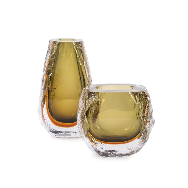 Dusty Olive Crystalized Glass Vase- Short For Sale - Image 9 of 11