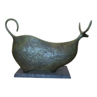 1990s Large Modern Itzik Benshalom Bull Figural Marble Patinated Bronze Statue #3/9 For Sale