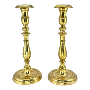 Large 18th Century Early Continental European Brass Candlesticks - a Pair
