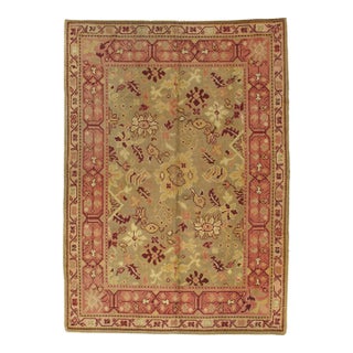 Antique Oushak Carpet, Handmade Oriental Rug, Pale Green, Coral, Taupe and Cream For Sale
