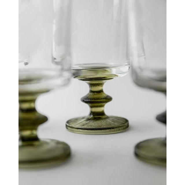 Glass Vintage Etched Floral Clear Wine Glasses with Olive Green Stems, Set of 5 For Sale - Image 7 of 13