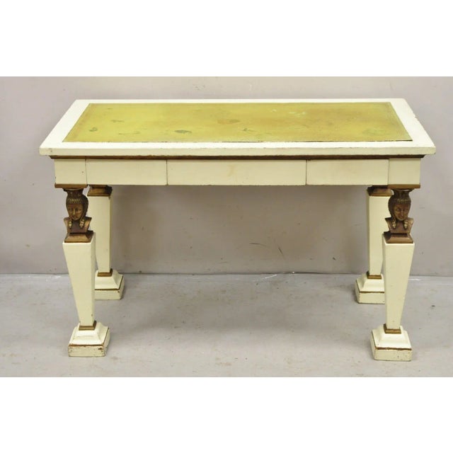 Antique Egyptian Revival Style Green Leather Top Figural 3 Drawer Console Table. Item features darved wood Egyptian female...