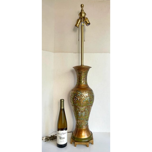 Mid 20th Century Asian Champleve Cloissone Tall Brass Lamp Made by Marbro For Sale - Image 12 of 13
