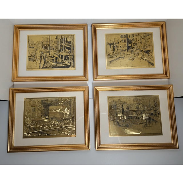 Exceptional vintage set of four framed brass-tone etchings by Lionel Barrymore featuring richly detailed nautical and...