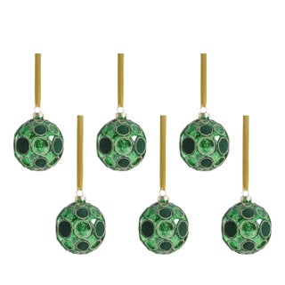 Gleaming Serenity Green Glass Ball Ornaments with Green Glitter- Set of 6, 3.25" For Sale