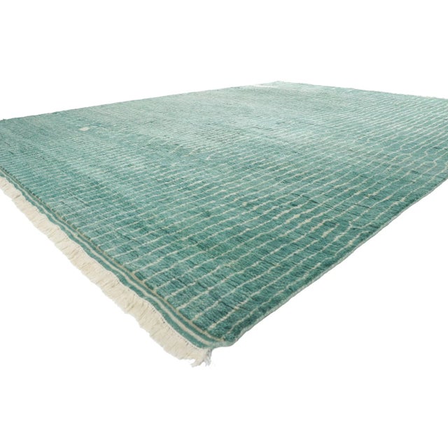 Contemporary Moroccan Style Rug 10'02 x 13'07. Channeling a coastal cottage with colors reminiscence of sea glass and...