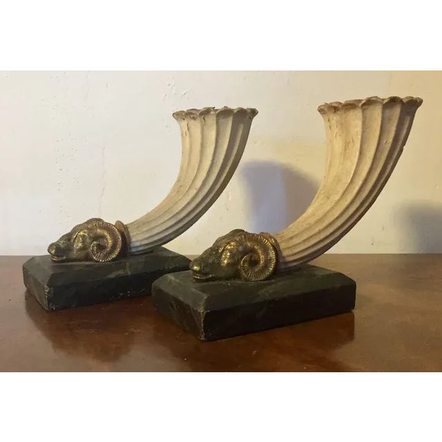 Traditional Antique 19th Century Grand Tour Ceramic Rhyton Ram's Head Vases - A Pair For Sale - Image 3 of 11