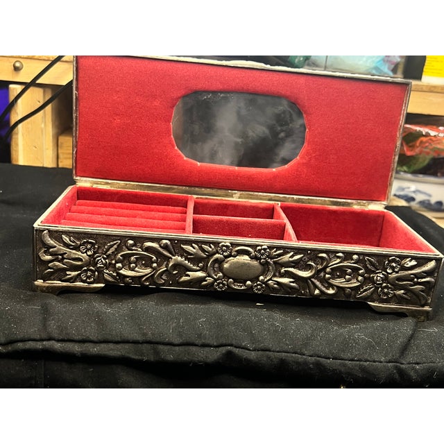 Late 20th Century Vintage 1992 Godinger Silver-Plated Ornate Repoussé Jewelry Box With Red Interior For Sale - Image 5 of 7