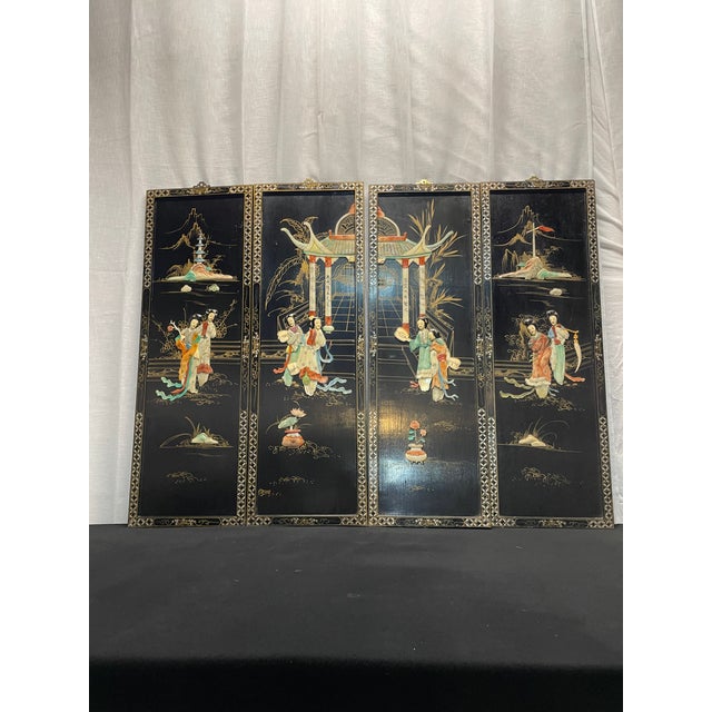 Wood 1960s Chinese 4 Panel Wall Hanging For Sale - Image 7 of 7