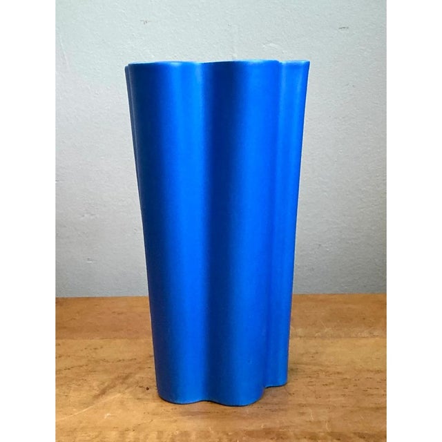 Mid-Century Modern Vintage Blue Fluted Ceramic Vase For Sale - Image 3 of 12