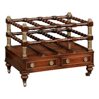 English 1940s Mahogany Magazine Rack on Casters with Faux Bamboo Accents For Sale