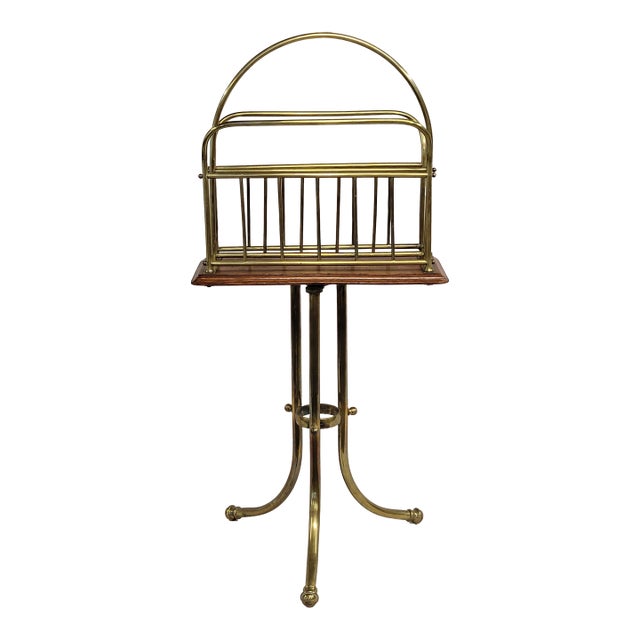 Antique English Edwardian Standing Oak and Brass Magazine Rack (Hall Bm) For Sale
