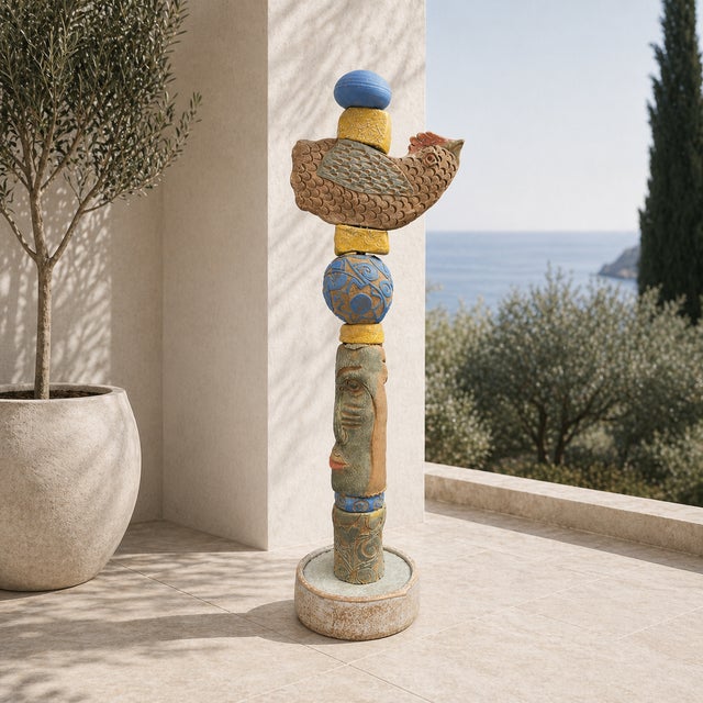 Marc Zimmerman "Long Face Totem Sculpture 2" Glazed Ceramic, 62 Inches Tall, Elongated Face and Bird, Multi-Color Glaze, Contemporary Art West Coast For Sale - Image 4 of 6