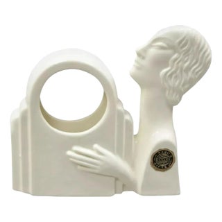 Vintage Art Deco Ceramic Figural Bohemian White Clock Case Czechoslovakia For Sale