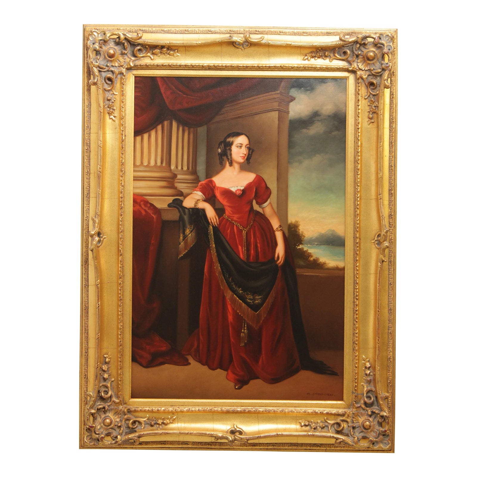 Artist Signed Portrait of Lady in Red Dress Painting on Canvas | Chairish