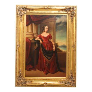 Artist Signed Portrait of Lady in Red Dress Painting on Canvas For Sale