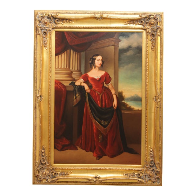 Artist Signed Portrait of Lady in Red Dress Painting on Canvas For Sale